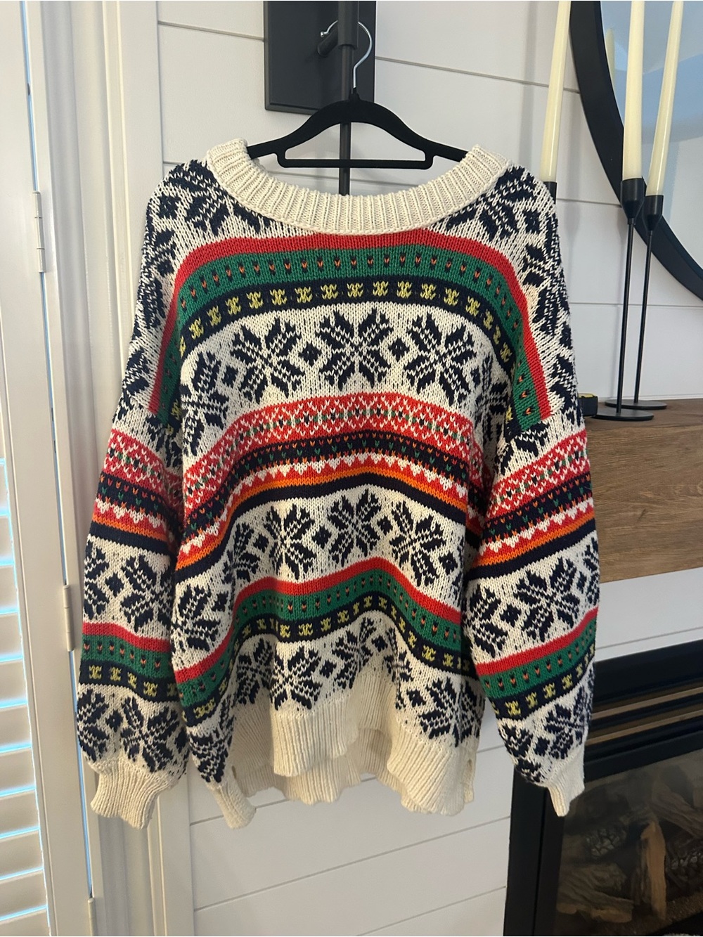 aerie Cream Fair Isle Crewneck Sweater with Green, Red, Black Stripes